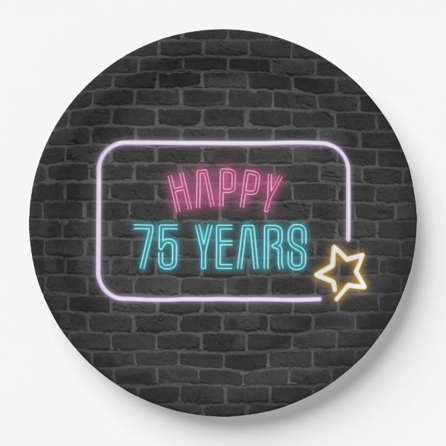 Neon 75th Birthday Marquee On Brick Wall Paper Plate (Front)
