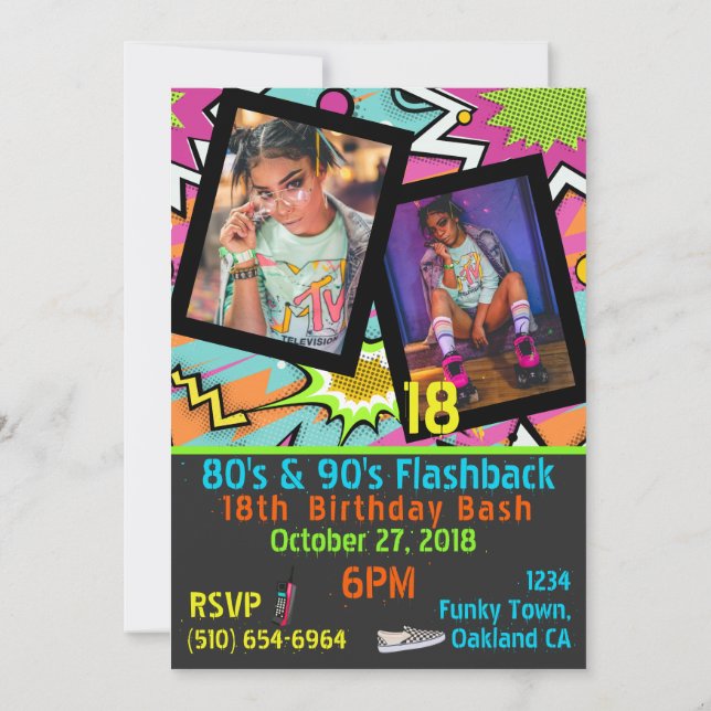 Neon 80's|90's Flashback Hip Hop Birthday Photo Invitation (Back)