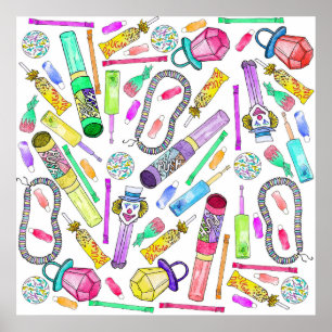 Neon 80's 90's Retro Funny Candy Pattern Poster