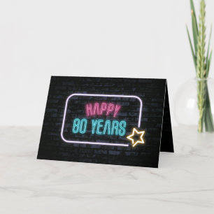 Neon 80th Birthday Marquee On Brick Card