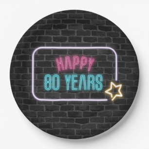 Neon 80th Birthday Marquee On Brick Wall Paper Plate