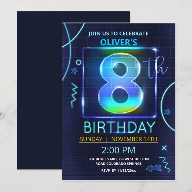 Neon 8th Birthday Invitation  (Front/Back)