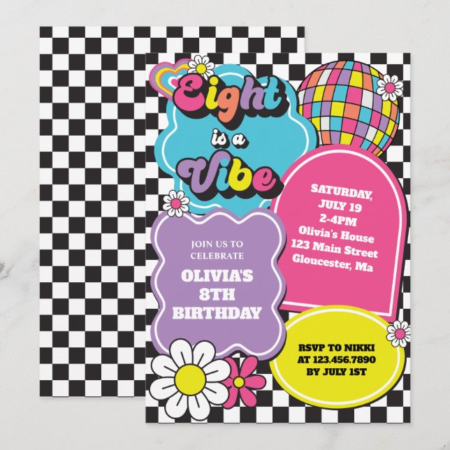 Neon 90s Retro Eight is a Vibe 8th Birthday Invitation (Front/Back)