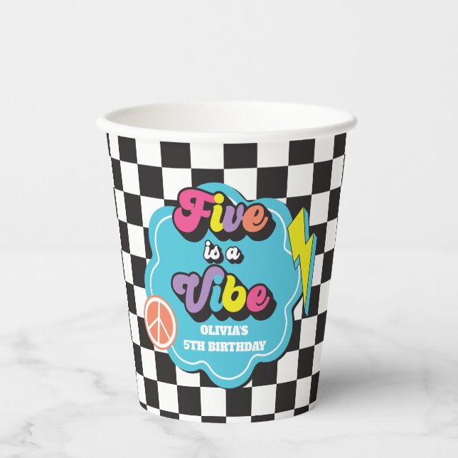 Neon 90s Retro Five is a Vibe 5th Birthday Paper Cups (Front)