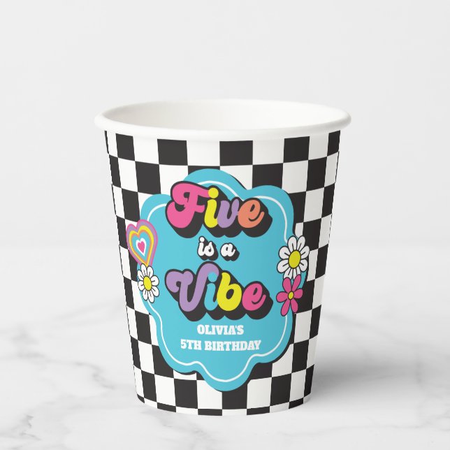 Neon 90s Retro Five is a Vibe 5th Birthday Paper Cups (Front)