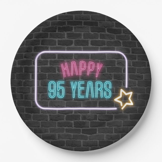 Neon 95th Birthday Marquee On Brick Wall Paper Plate (Front)