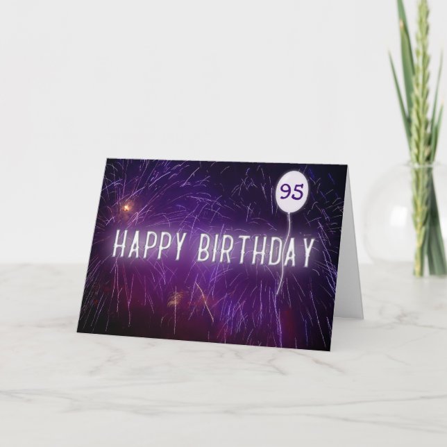 neon 95th birthday sign and balloon in fireworks card (Front)