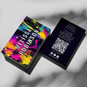 Neon Abstract Colours Paint Splatter Black & White Business Card