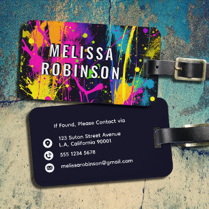 Neon Abstract Colours Paint Splatter Black & White Luggage Tag