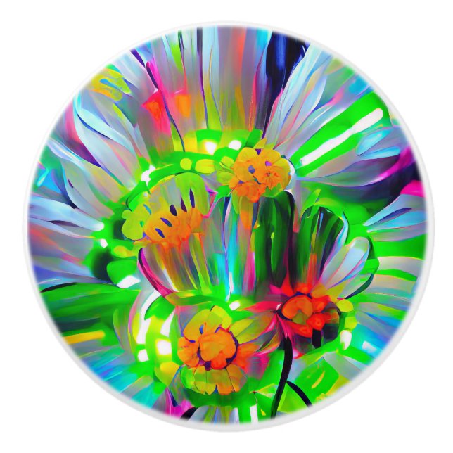 Neon Abstract Daisies with Vivid Colours Ceramic Knob (Front)