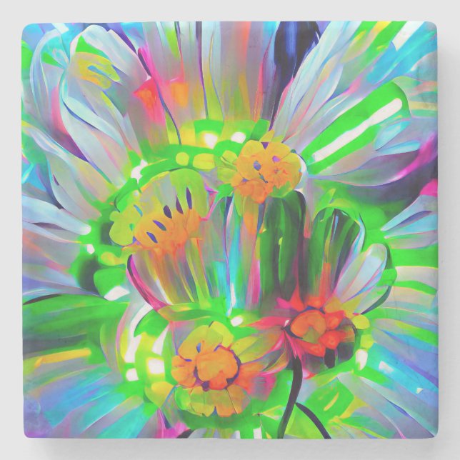 Neon Abstract Daisies with Vivid Colours Stone Coaster (Front)