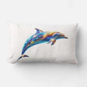Neon Abstract Dolphin Art – Colorful Energy Wave Lumbar Cushion