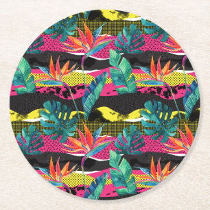Neon Abstract Tropical Texture Pattern Round Paper Coaster