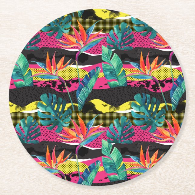Neon Abstract Tropical Texture Pattern Round Paper Coaster (Front)