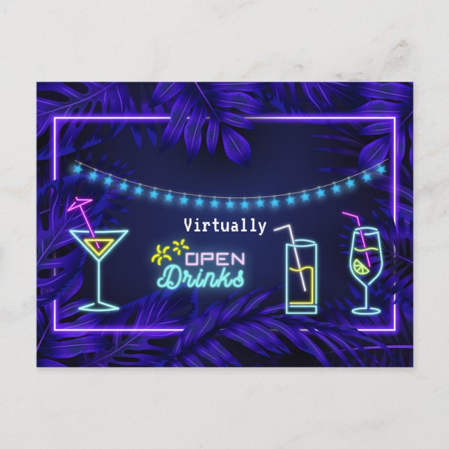 Neon Adult Virtual Drinks Birthday Party Postcard (Front)