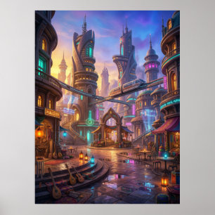 Neon Alien City Sunset Square Poster