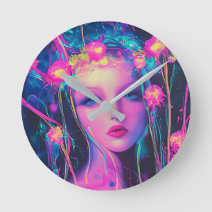 Neon Alien Goddess Round Clock