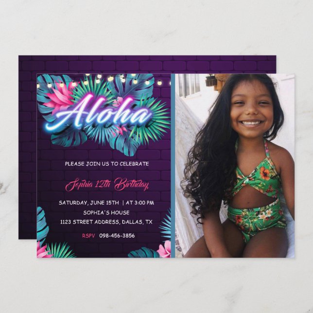 Neon Aloha Tropical Birthday with photo Invitation (Front/Back)