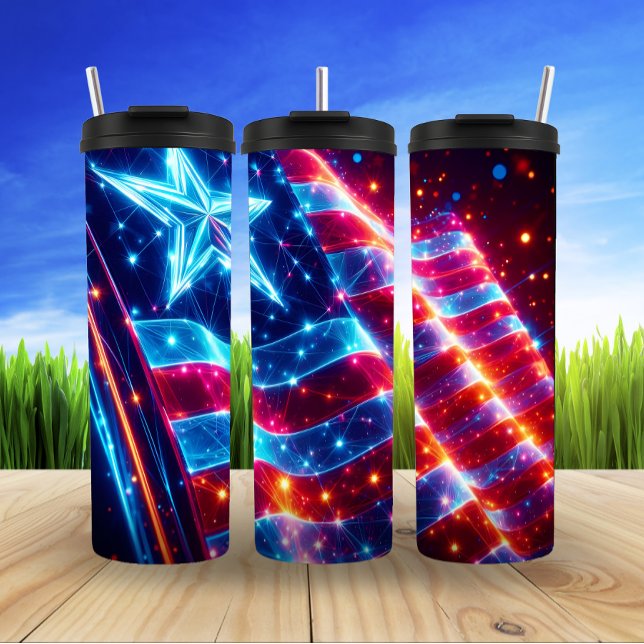 Neon American Flag Night Glow Thermal Tumbler (Creator Uploaded)