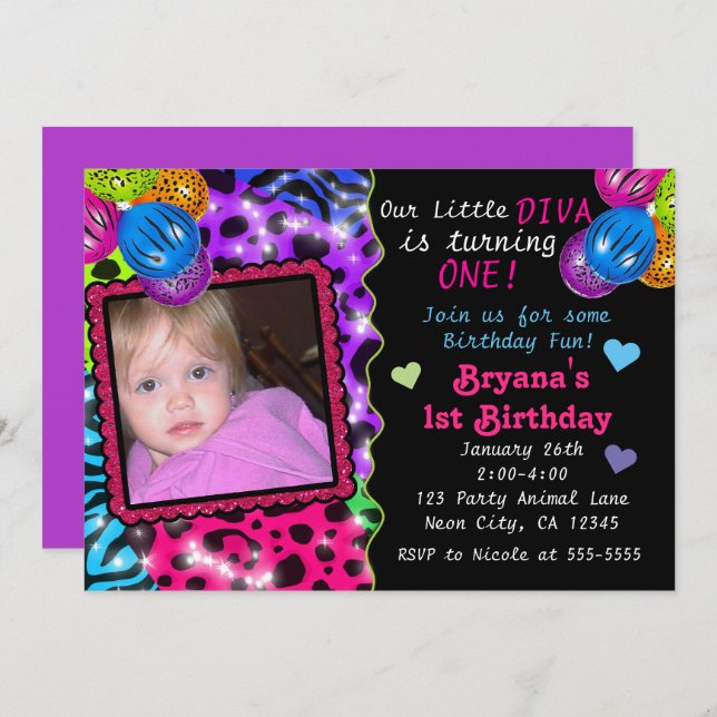 Neon Animal Print Cheetah Leopard Photo Invitation (Front/Back)
