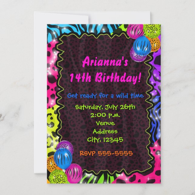 Neon Animal Print Cheetah leopard Zebra Party Invitation (Front)