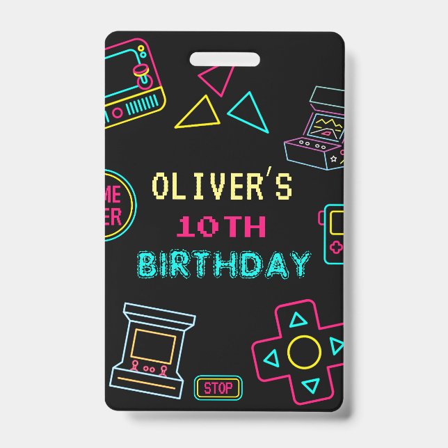 Neon Any year video games arcade birthday  ID Badge (Front)