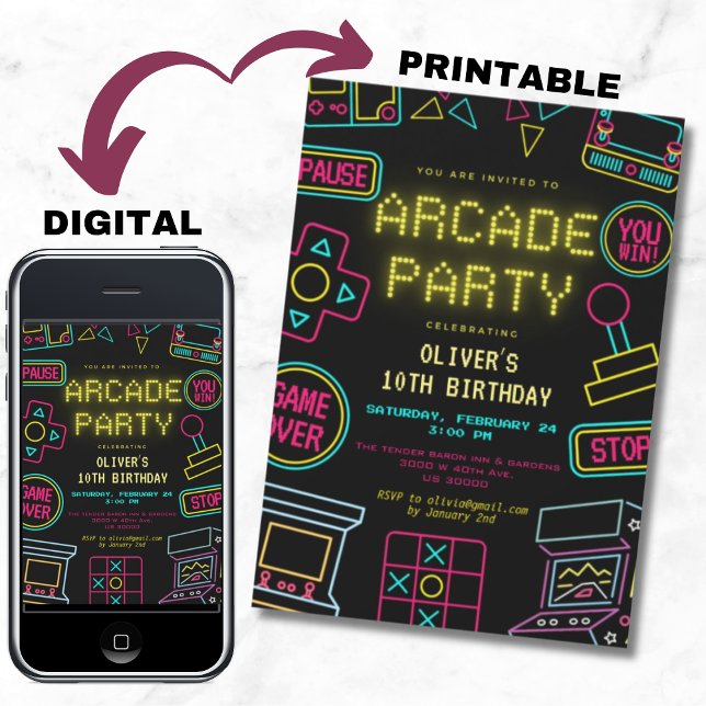 Neon Any year video games arcade birthday  Invitation (Creator Uploaded)