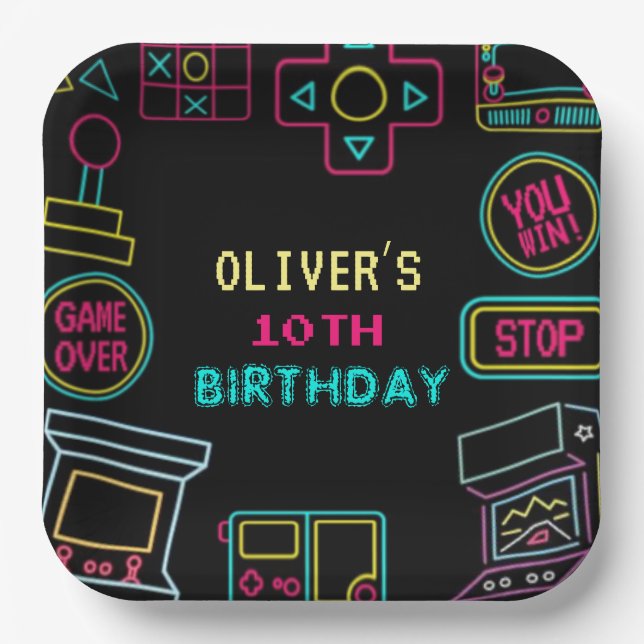 Neon Any year video games arcade birthday  Paper Plate (Front)