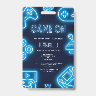 Neon Any year video games birthday invitation ID Badge