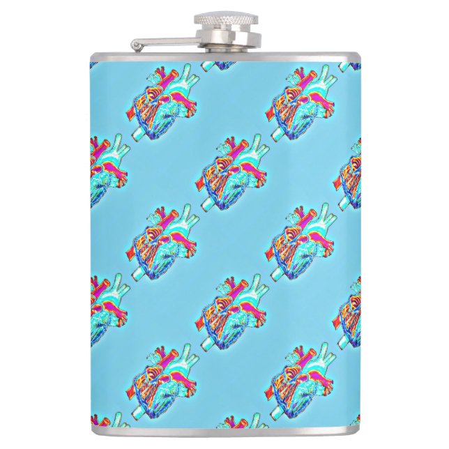 Neon Aqua Anatomical Heart Patterned Vinyl Flask (Front)