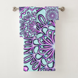 Neon Aqua Teal Purple Artsy Henna Boho Mandala Bath Towel Set