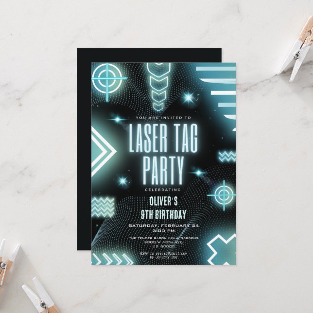 Neon arcade gamer, laser tag birthday  invitation (Front/Back In Situ)