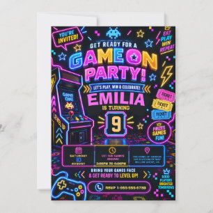 Neon Arcade Gaming Birthday Party Invitation