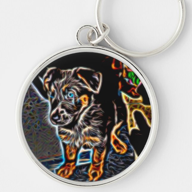 Neon Art German Shepherd Puppy Key Ring (Front)