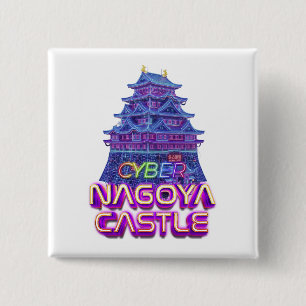 Neon art of "Nagoya Castle" in cyberpunk style 15 Cm Square Badge