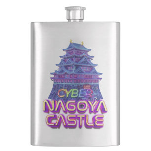 Neon art of "Nagoya Castle" in cyberpunk style Hip Flask