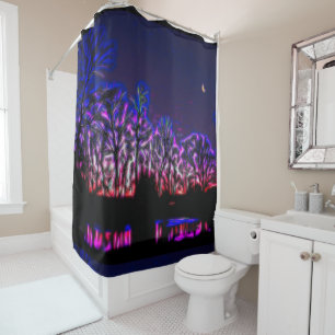 Neon Art Sunset Lake Reflection Shower Curtain