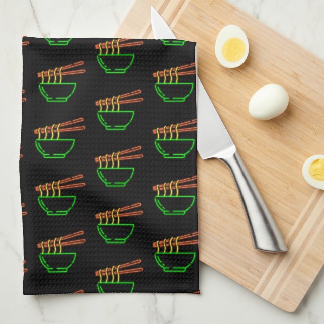 Neon Asian Noodle Bowl Pattern Tea Towel (Quarter Fold)