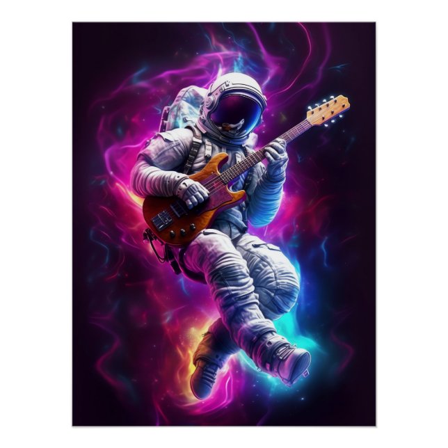Neon Astronaut Playing Guitar in Galaxy Poster (Front)