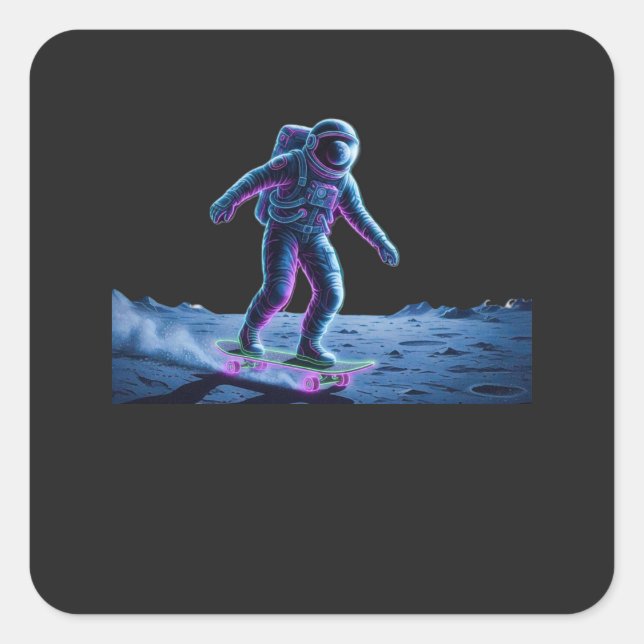 Neon Astronaut Skateboarding on the Moon Square Sticker (Front)