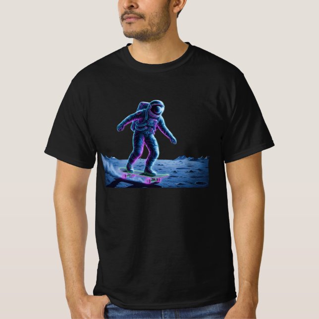 Neon Astronaut Skateboarding on the Moon T-Shirt (Front)