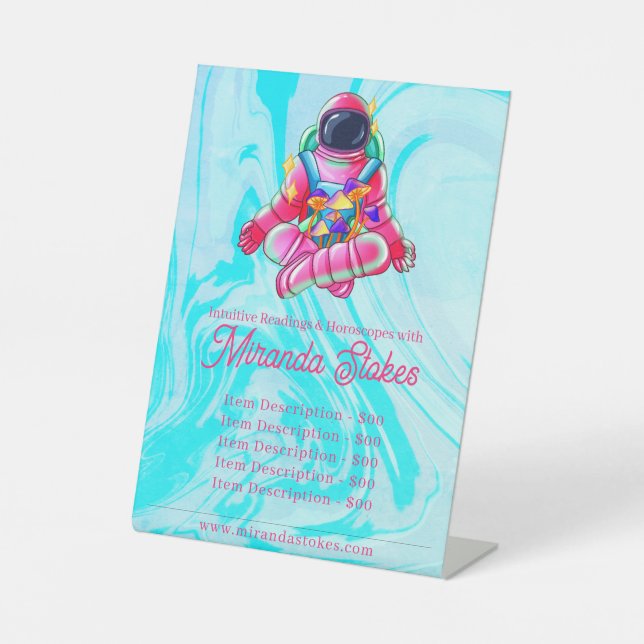 Neon Astronaut Space Pink & Blue Tarot Price List Pedestal Sign (Front)