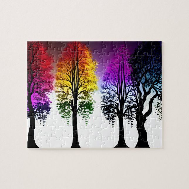 Neon Autumn Foliage on Black Silhouette Trees Jigsaw Puzzle (Horizontal)
