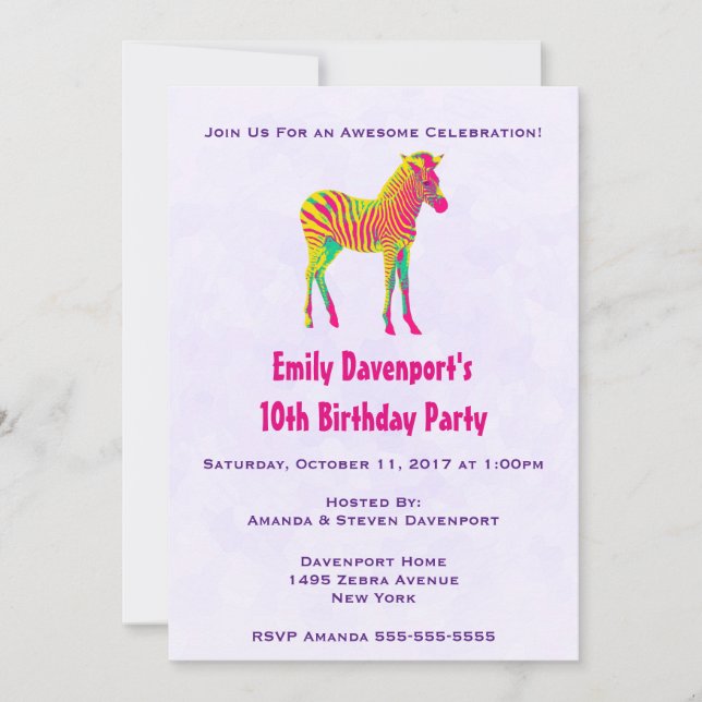 Neon Baby Zebra Psychedelic Funky Birthday Invite (Front)