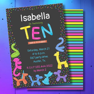 Neon balloon Animals 10th birthday Invitation