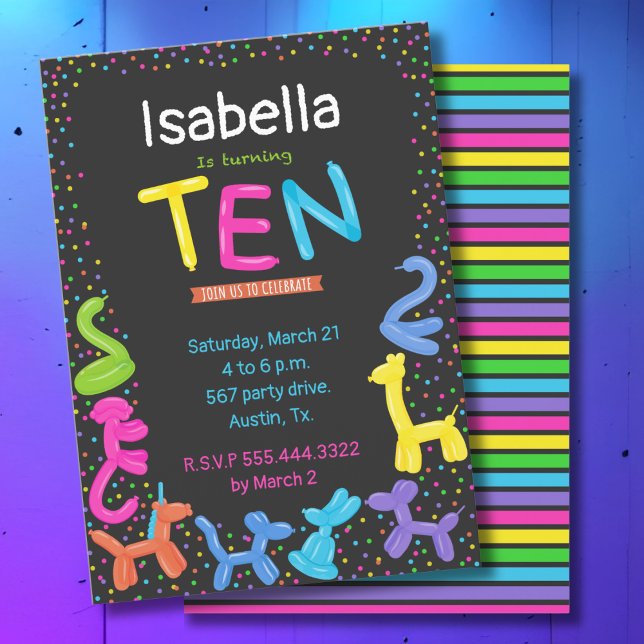 Neon balloon Animals 10th birthday Invitation (Creator Uploaded)