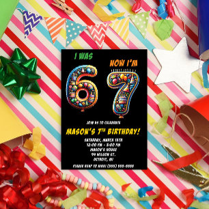 Neon Balloons 67 Themed 7th Birthday Party Invitation