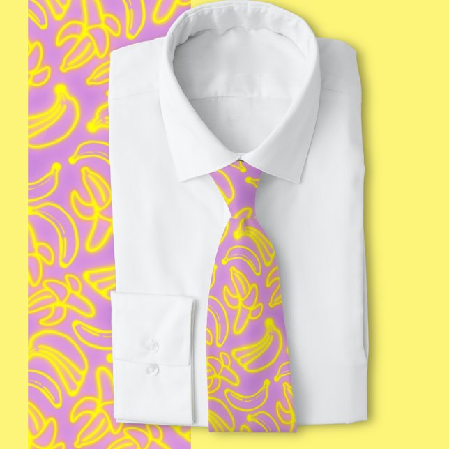 Neon Bananas purple  Tie (Fun bright banana pattern pink background )