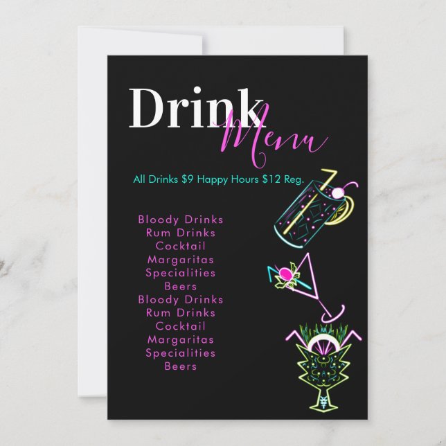 Neon Bar Club Restaurant Abstract Drinks Menu (Front)