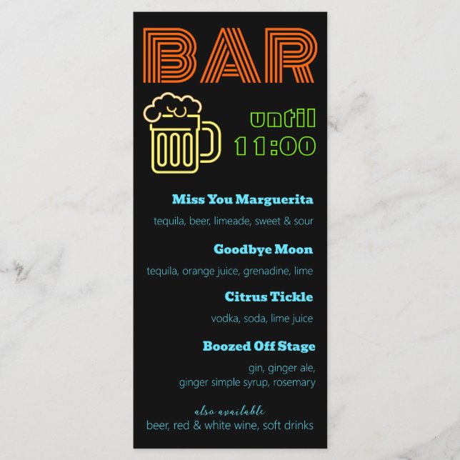 Neon Bar Sign Drinks Menu (Front)